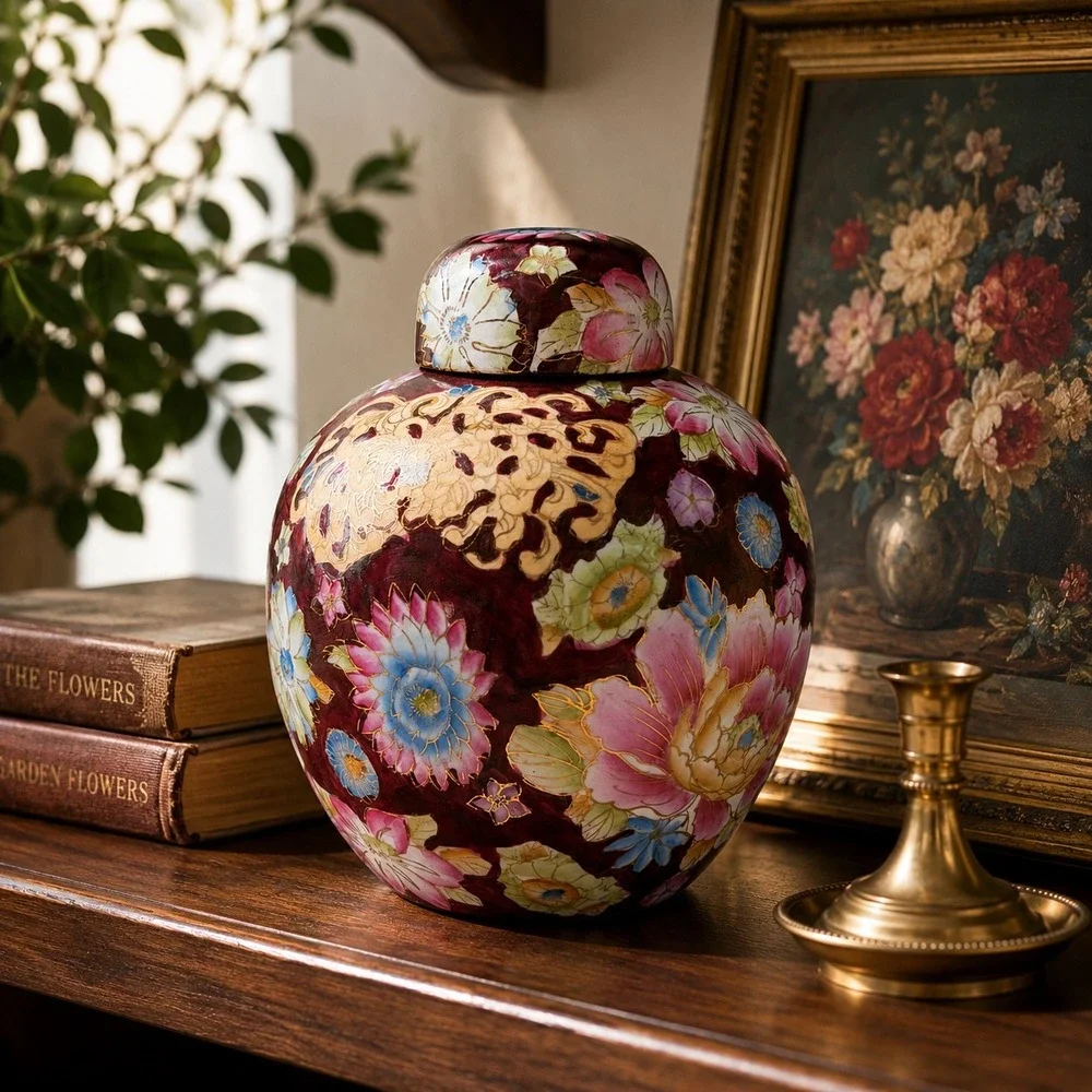 Vintage Floral Ginger Jar Oxblood Ceramic Lidded Vase Grandmillennial Decor